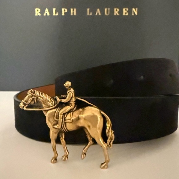 Polo Ralph Lauren Other - Polo Ralph Lauren Navy Suede Equestrian Belt Gold Horse Buckle Italy Sz 38